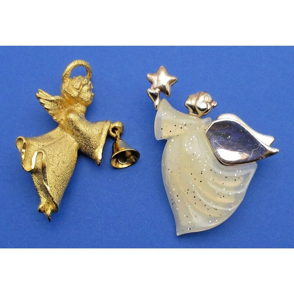 2 Vintage Angel Brooch Pins Robyn Rush Gold Tone Ann Klein Silver Tone Lucite